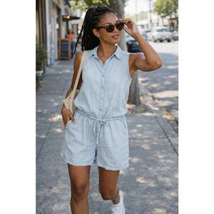 Prana Small Tencel Lyocell Sleeveless Romper Drawstring Waist Chambray Pockets